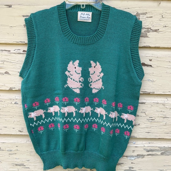K&J Ashley Designer Knits Sweaters - Vintage 80s 1980s Cotton Grannycore Novelty Pigs Cross-stitch Knit Sweater Vest